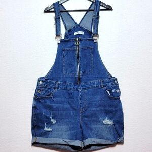 Almost Famous Blue Denim  Overall Shorts with Distressed Details SIZE 2X. #686